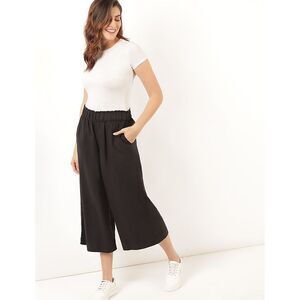 M&S Collection Black Linen Wide Leg Palazzo Pants Elastic Waist Casual‎ 14 US